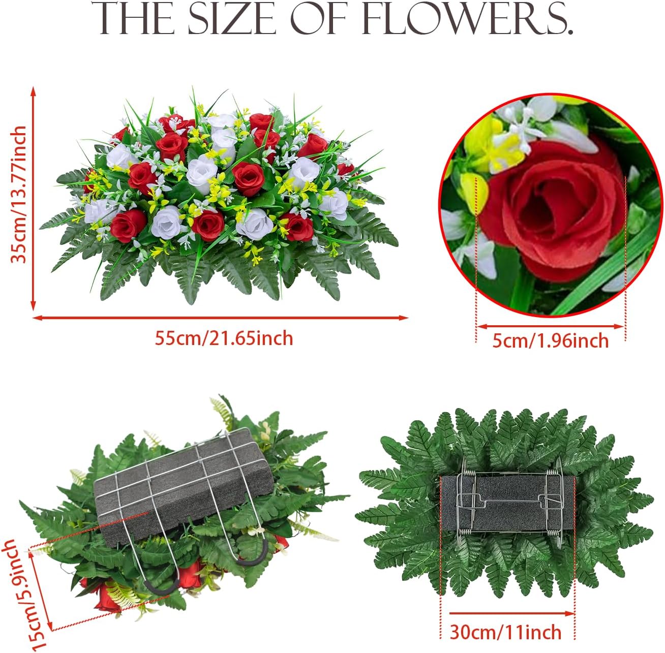 Saddle Artificial Flowers For Headstone, Cemetery Flowers For Grave, Memorial Grave Flowers For Cemetery Tombstone Headstone Decoration,Cemetery Flowers Non-Fading Uv-Resistant(Red With White)
