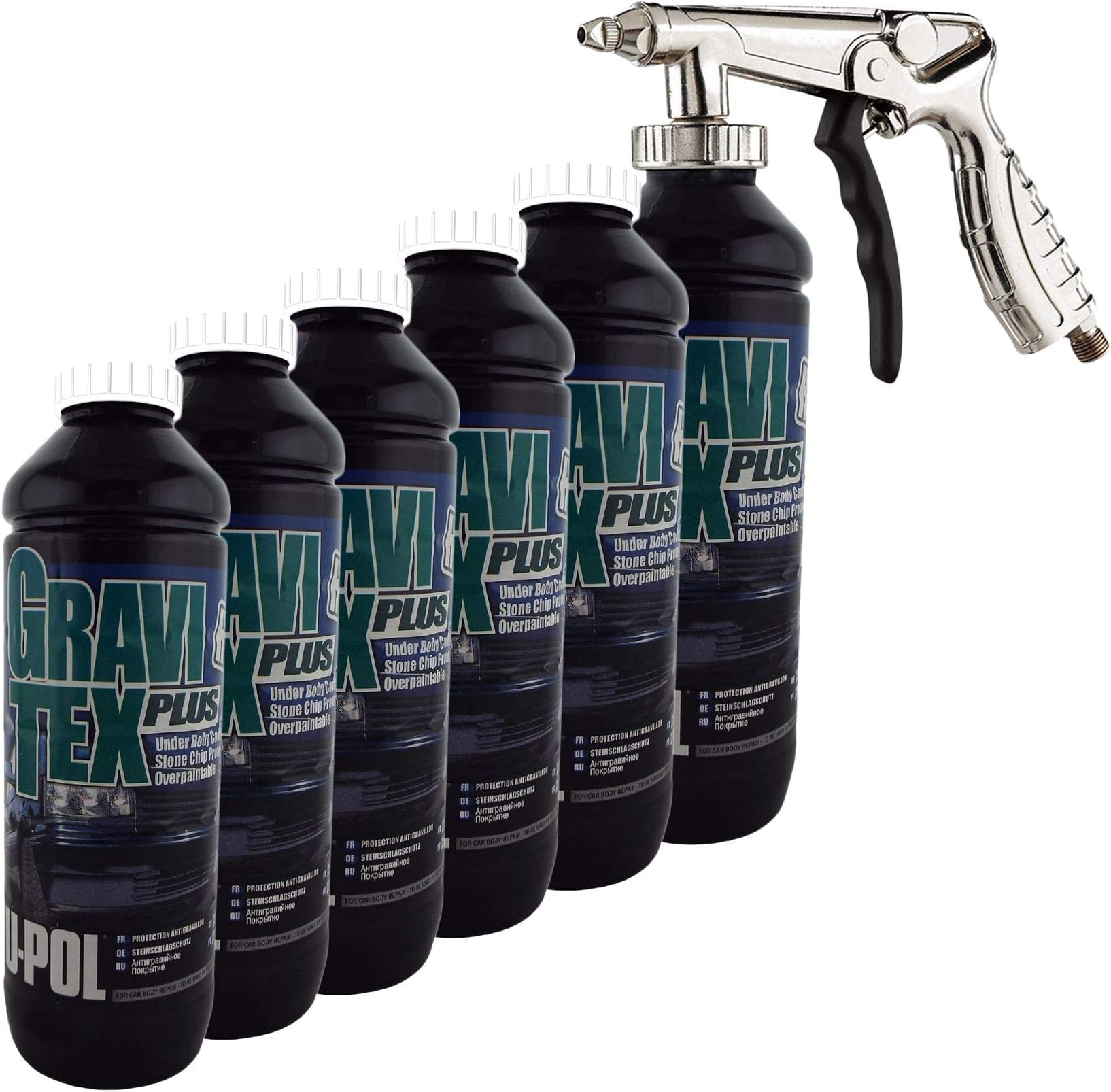 GravitexU-Pol White Professional Stone Chip Protector 6 x 1 Litre + Air Fed Application Gun Underbody, Vehicle Stone Chip Protection Primer Can be Over Painted