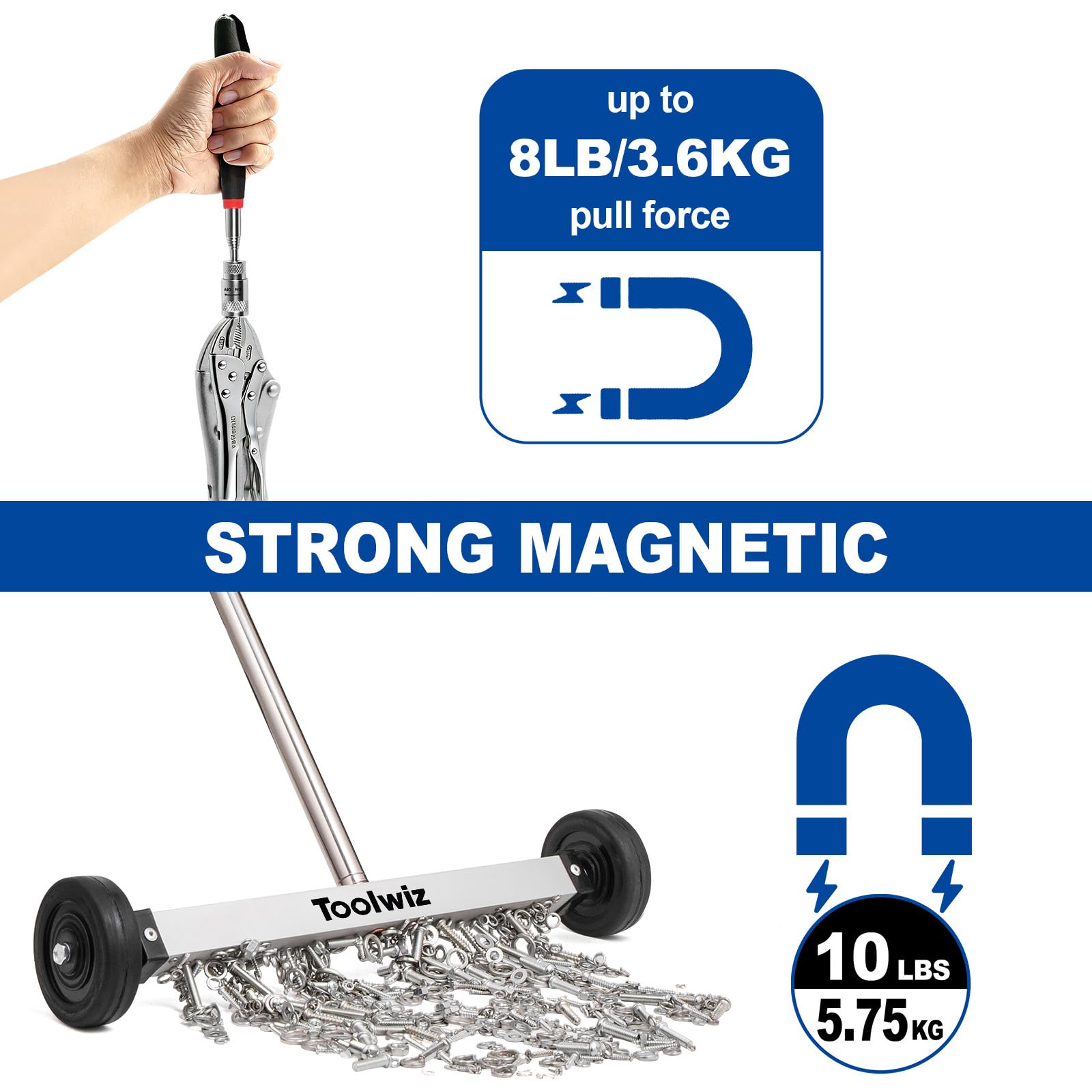 Toolwiz Balai magnétique roulant de 38,1 cm, 4,5 kg, avec outils de ramassage magnétiques télescopiques de 3,6 kg avec lumière LED – Support télescopique pour ramasser les ongles Balayeuse magnétique