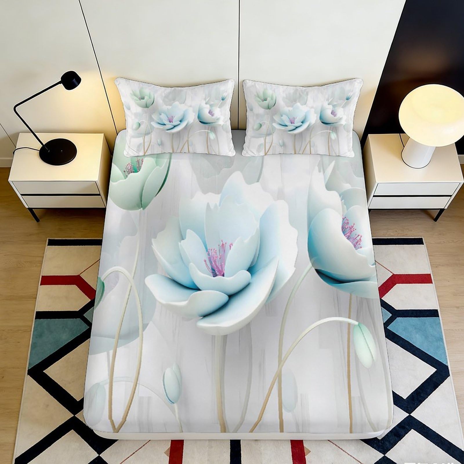 3D Printed Blue Lotus Flower Fitted Sheet Microfiber Soft Bedroom Decor Watercolor Blossom Mattress Cover for Adults Teens 120x200x25cm
