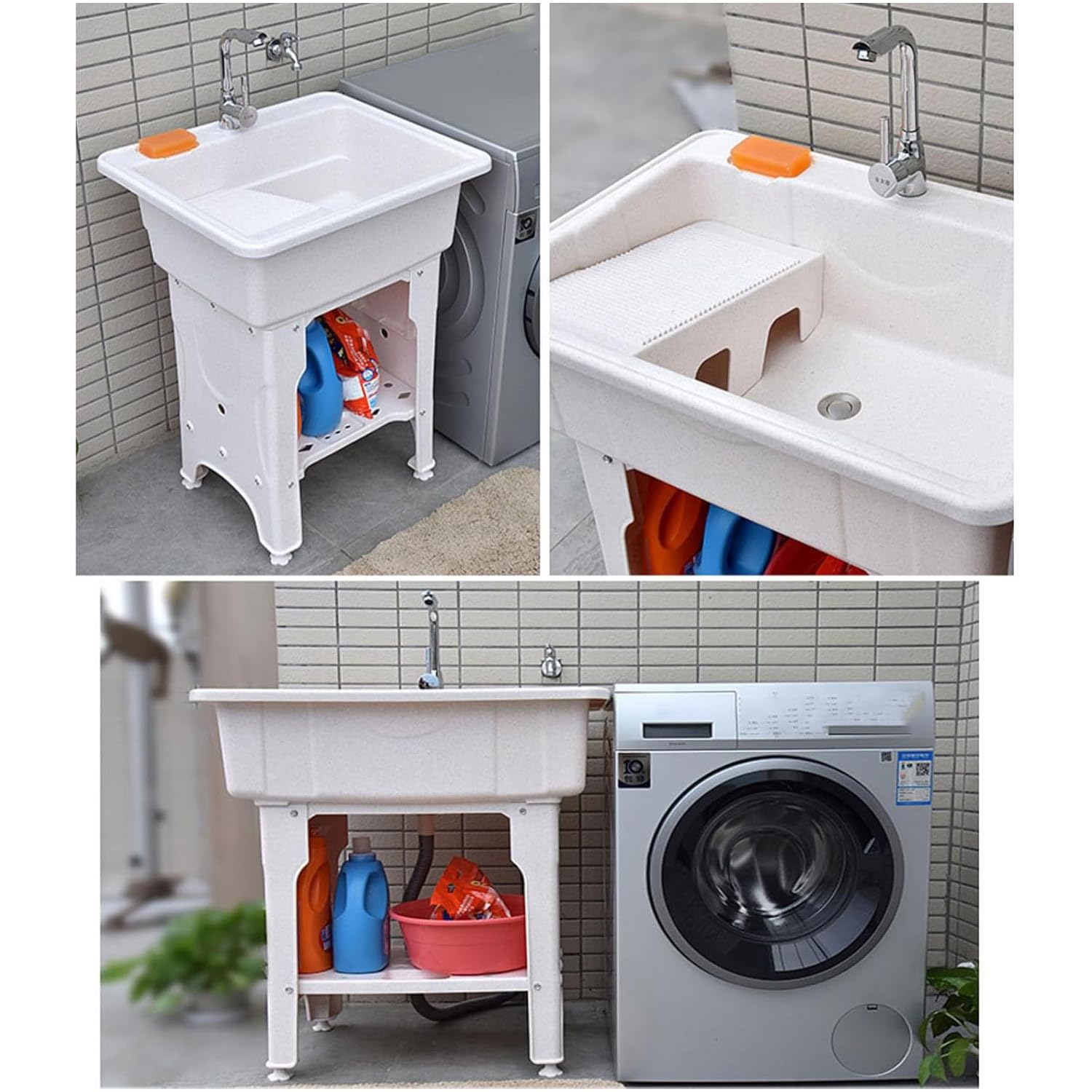 Fregadero Independiente para Lavandería, Lavabo De Plástico PP con Estante De Almacenamiento Inferior Y Pies Ajustables, Lavabo Interior Y Exterior para Lavar Ropa a Mano