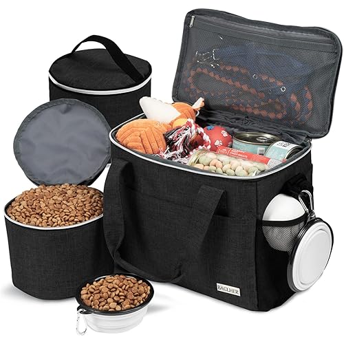 BAGLHER Dog Travel Bag Backpack Pet Supplies Backpack Pet Accessories Storage Bag 5-Piece Set with Shoulder Strap 2 Lined Pet Food Containers 4 Foldable Feeding Bowls Essential Kit for Pet Travel