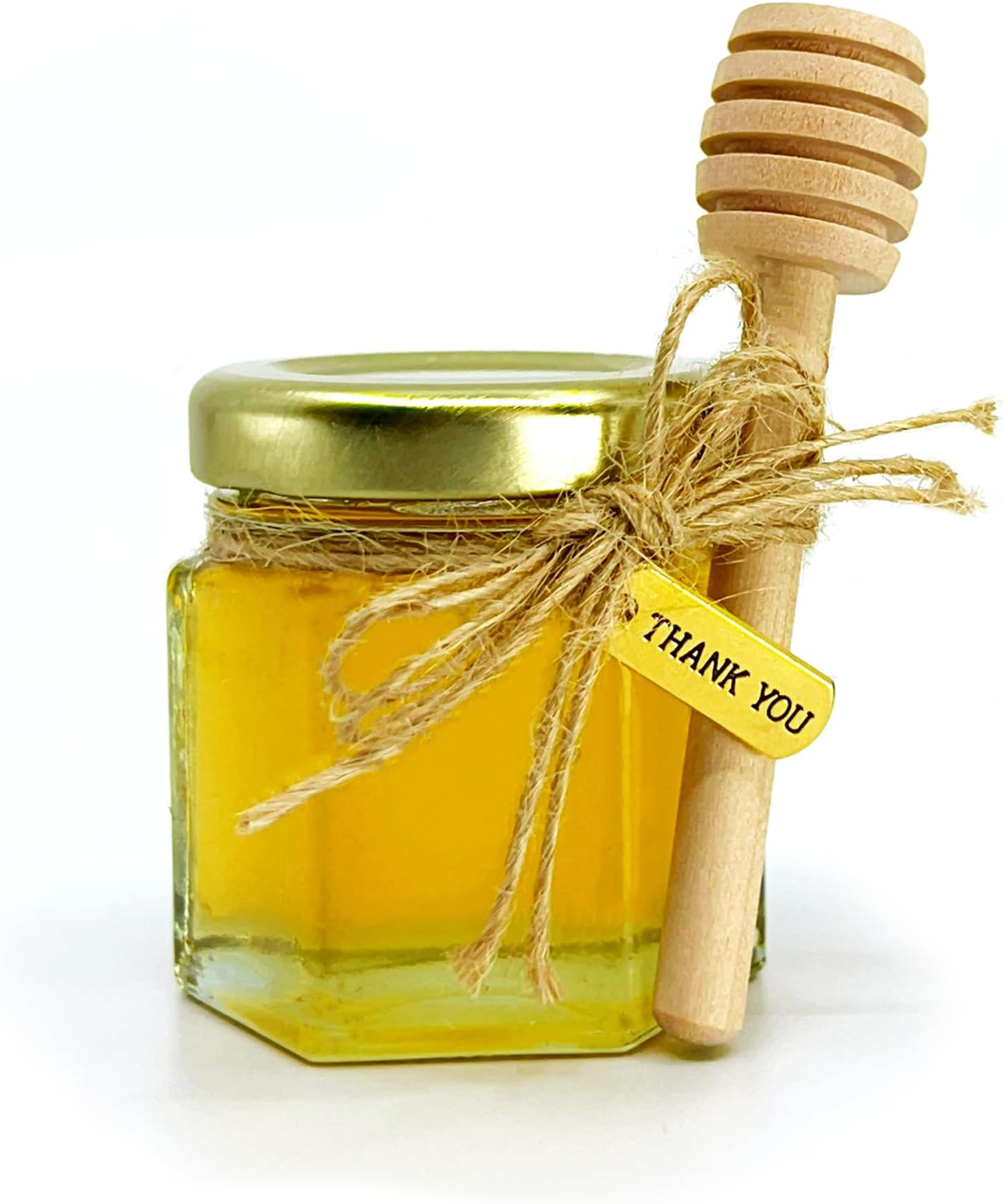 Honey Wedding Favors, Honey Shower Favors, Honey Event Favors - 2oz Hexagon Jar of Pure Raw Honey with Wooden Honey Dipper & THANK YOU Charm - Customizable DIY Party Favor Kits- (Thank You, 50 Pack)