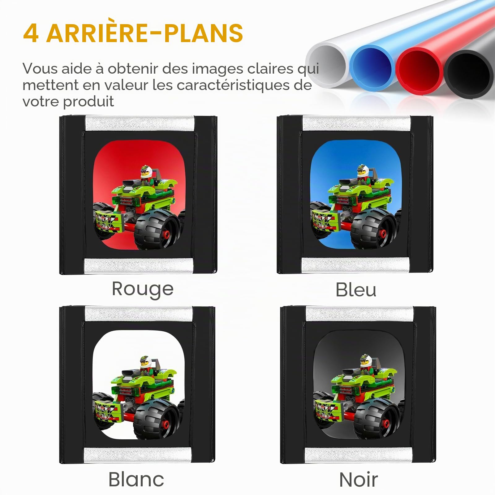 Boîte de studio photo, 61 x 61 x 61 cm, portable, pliable, avec 198 lumières LED à intensité variable et 4 arrière-plans pour la photographie de produits