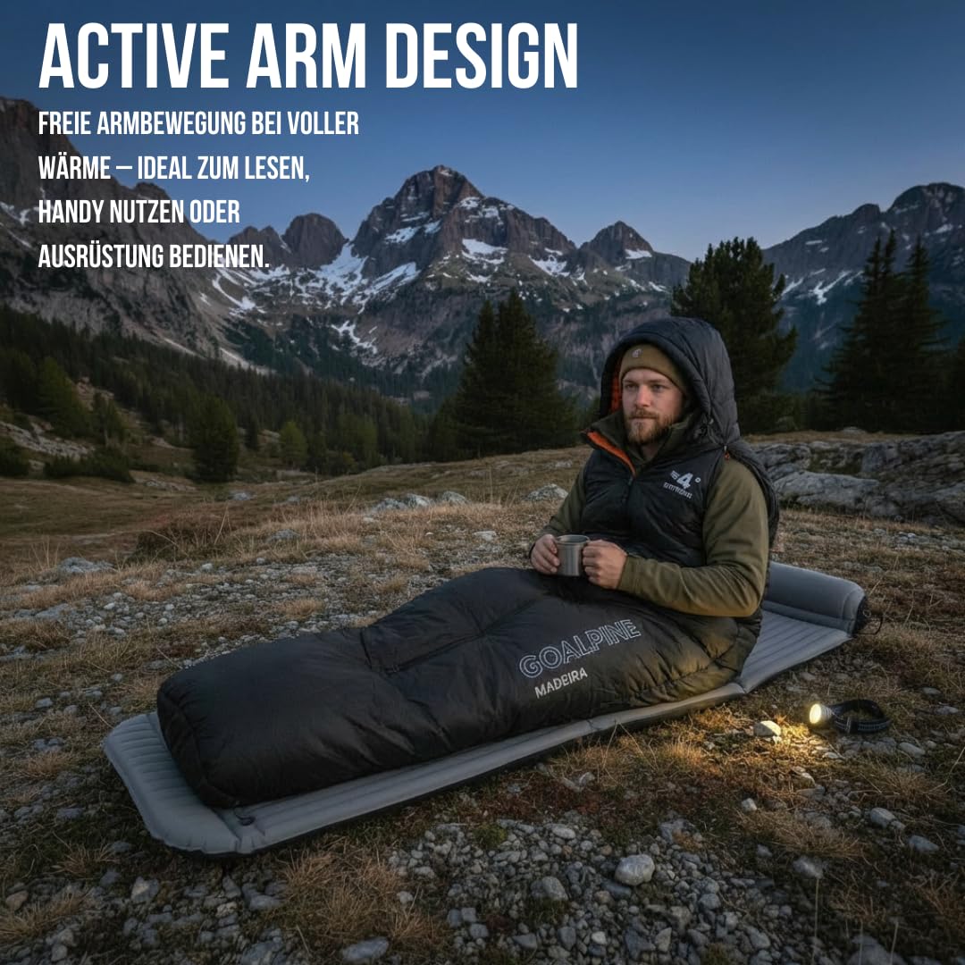 GOALPINE® Madeira Schlafsack für große Personen | 4 Jahreszeiten | mit Armöffnung | 400 GSM 0-10 Grad Komfort | wasserabweisend | kleines Packmaß | Atmungsaktiv | Mumienschlafsack | Trekking