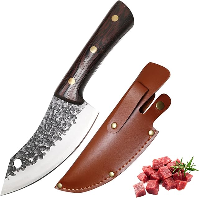 Fubinaty Chef's Knife 5.5 Inch Handmade Forged Kitchen Knives High Carbon Steel Cooking Knife with Wenge Wood Handle and Leather Sheath