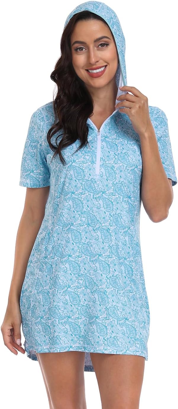 HDE Women's Short Sleeve Beach Coverup Dress with Hood UPF 50 Swim Cover Up - Image 2