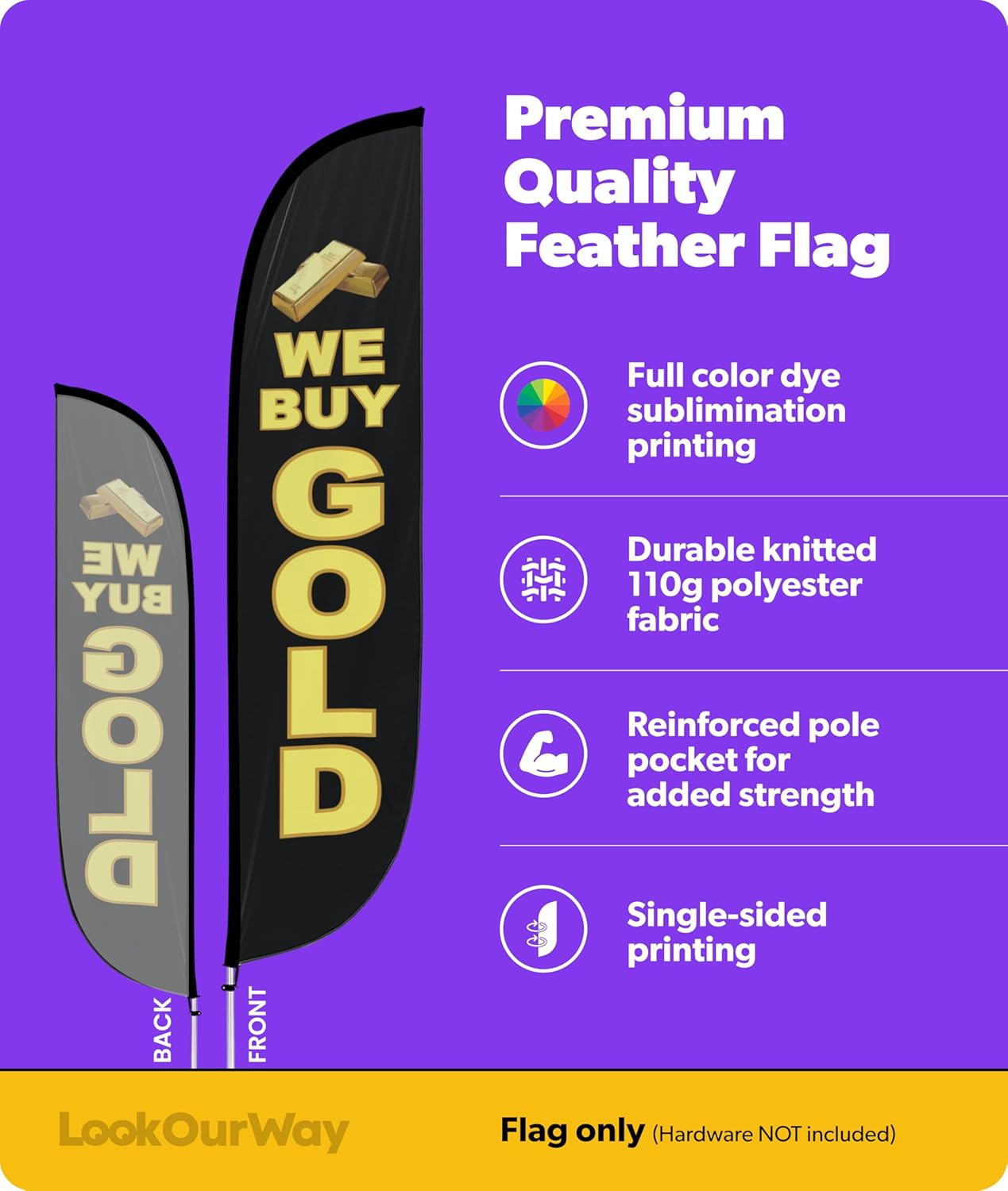 LookOurWay Feather Flag Banner - 12 Feet Tall Advertising Flags for Outdoor Business and Events Promotion - Swooper Flag Only - Financial Service Flags - We Buy Gold (10M1200284)