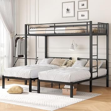 Bellemave Twin Over Twin Over Twin Triple Bunk Bed for Kids, Three Bed Bunk Beds for Kids with Guardrails, Ladder & Storage Three Bed Bunk Bed Converts to 3 Separate Twin Beds No Box Spring Needed