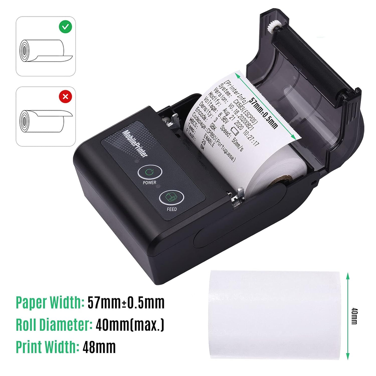 Image showing how to correctly load a thermal paper roll into the printer, with an illustration of paper width and roll diameter.