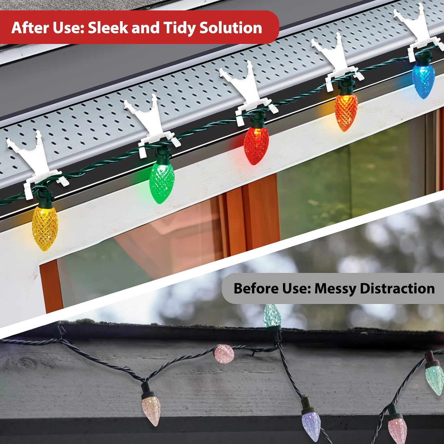 GJL 50Pcs Christmas Gutter Clips for Hanging Outdoor Lights, Weatherproof Christmas Clips for Gutter Guards Mesh Filter Shingles Eaves, Gutter Hooks for Mini C6 C7 C9 Rope Icicle