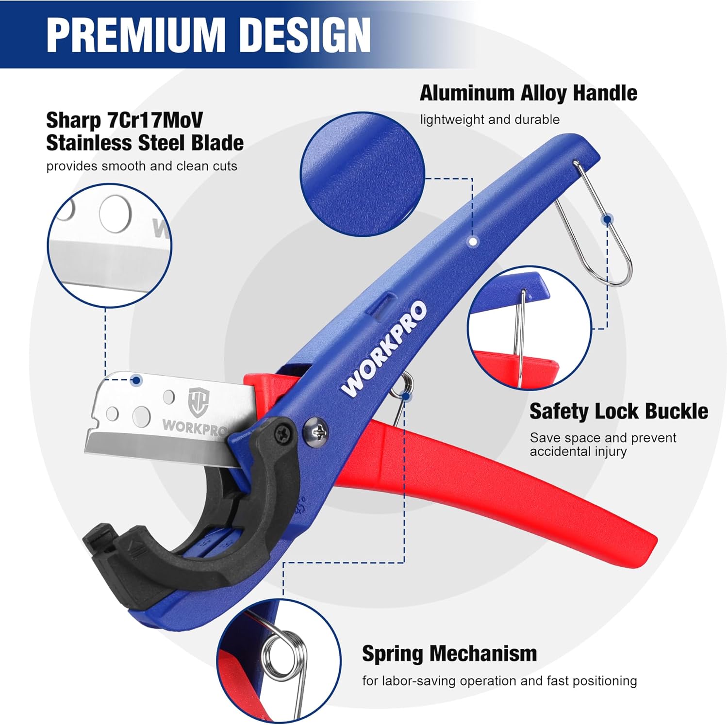 WORKPRO PEX Cutter, Hose Cutter with 1/8"-1-5/8" Cutting Capacity, specific angle(30°, 45°) for cutting rectangular cord cover, Tubing Cutter for PPR, PE, PP, Suitable for Home and Plumbing Repairs