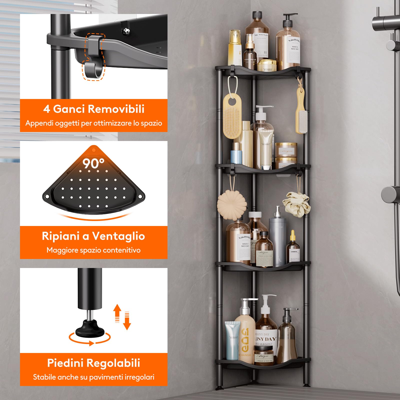 Mensola Doccia a 4 Livelli senza Foratura, Organizzatore Angolo per Bagno in Plastica, Nero 34cm