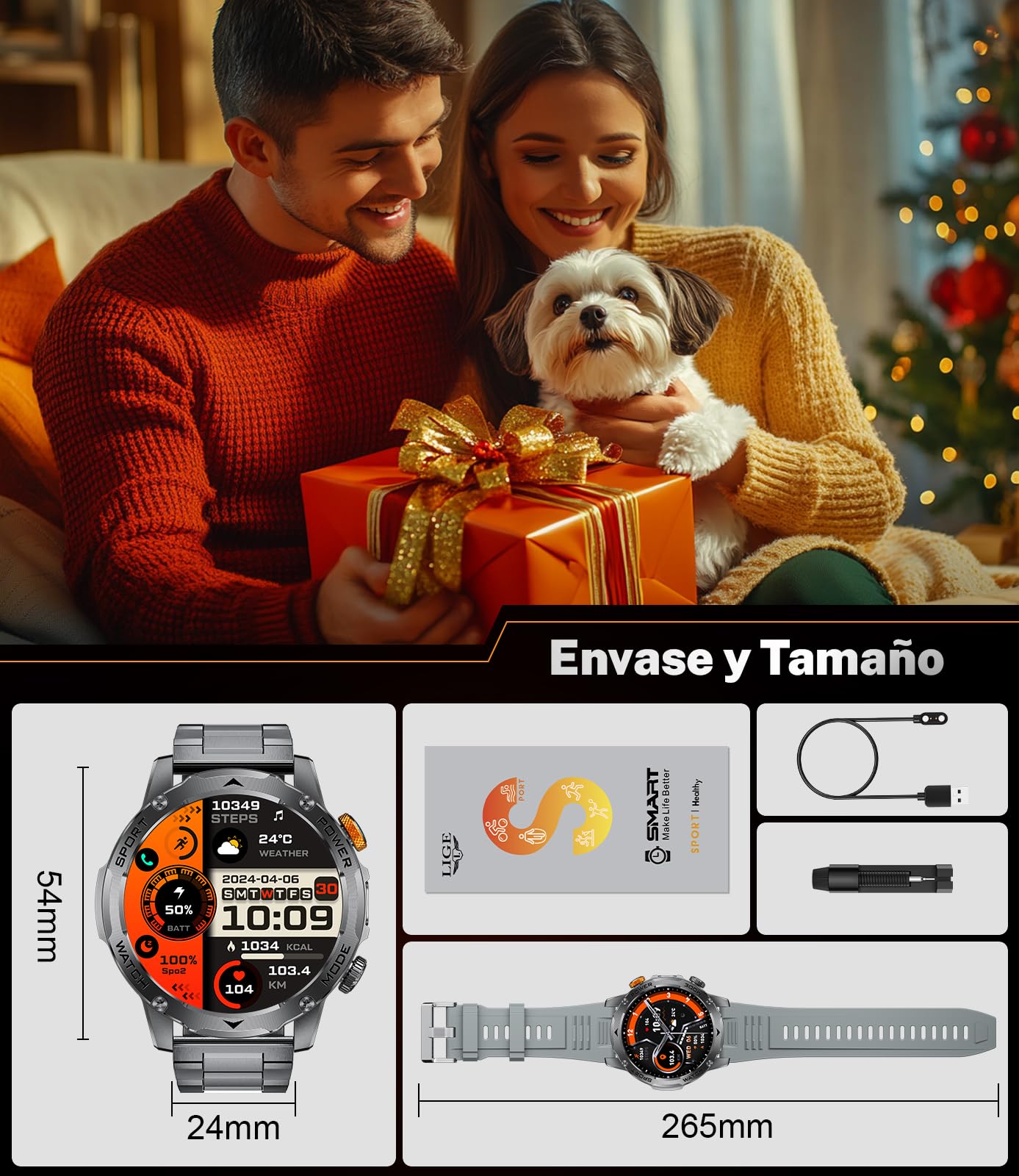 2025 Reloj Inteligente Hombre Militar 1000 mAh Batería/1,75'' HD Gran Display,Smartwatch Hombre con Linterna/Llamadas Bluetooth/130+ Modos Deporte/Frecuencia Cardíaca/Monitor de Sueño,para Android iOS