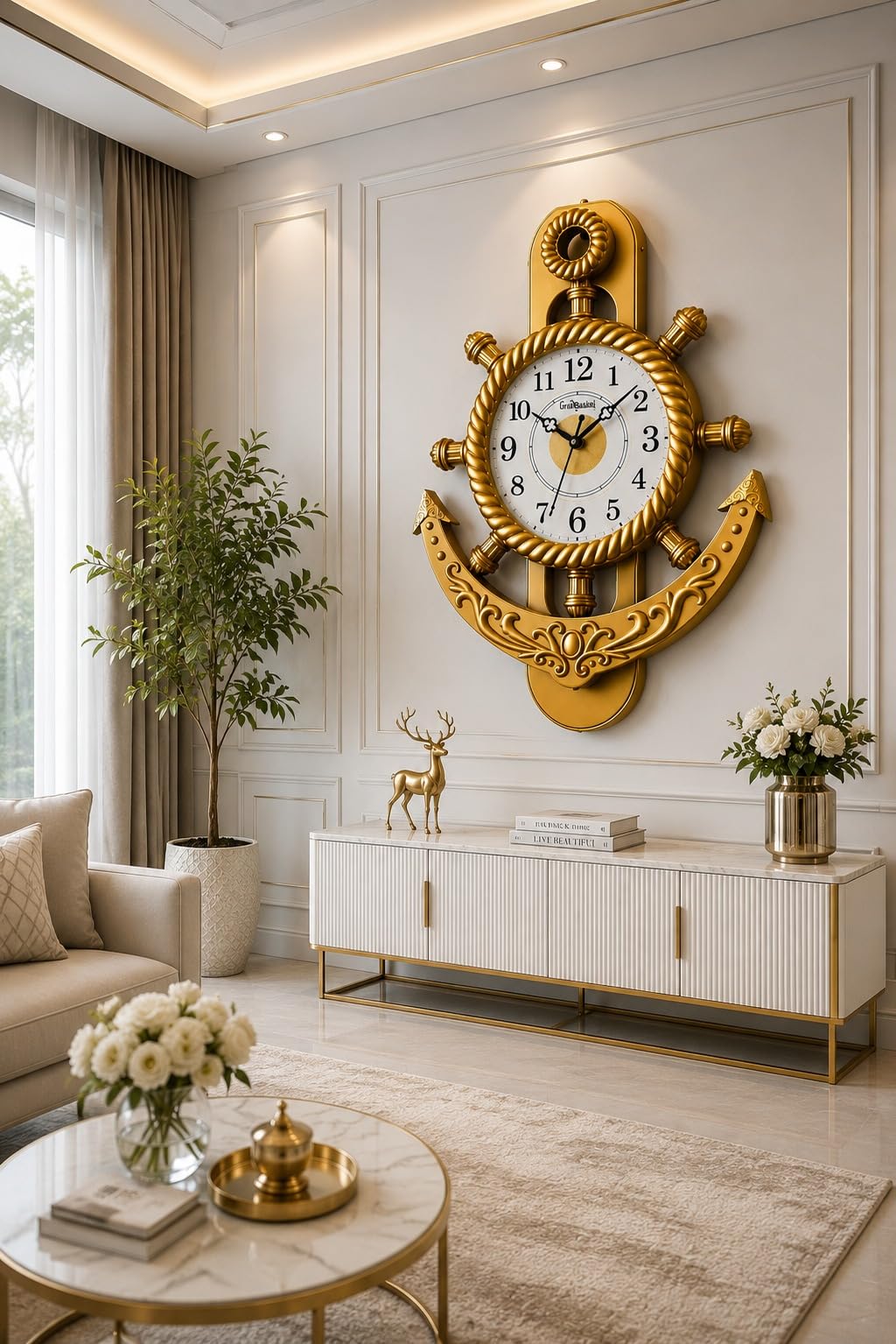 Luxury Royal Anchor Wall Clock for Living Room, Bedroom, Office & Home Décor - Golden (20x14 Inch)-picture-20