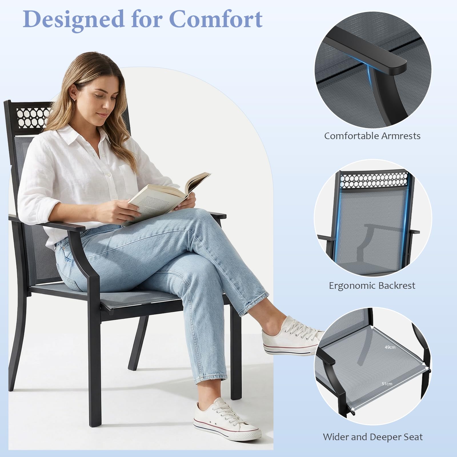 LIFERUN Juego de 4pcs sillas de jardín, Asiento Ancho con Tela Teslin, Transpirable, de Secado rápido, hasta 120 kg, para jardín, terraza, balcón, Zona de Piscina (Gris)