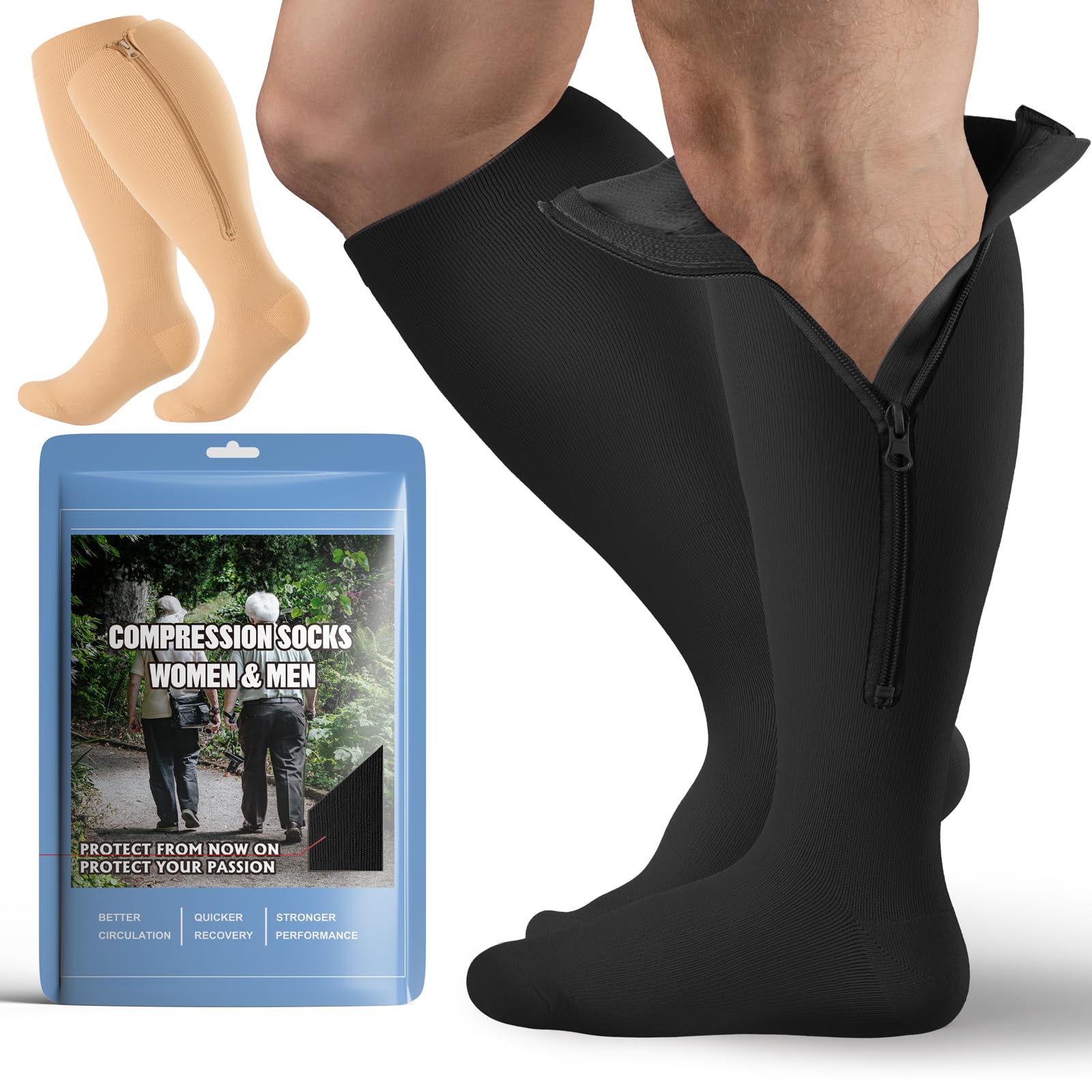 2 Pair Plus Size Closed Toe Compression Socks with Zipper, Compression Stockings for Overweight Women Men 15-20 mmHg