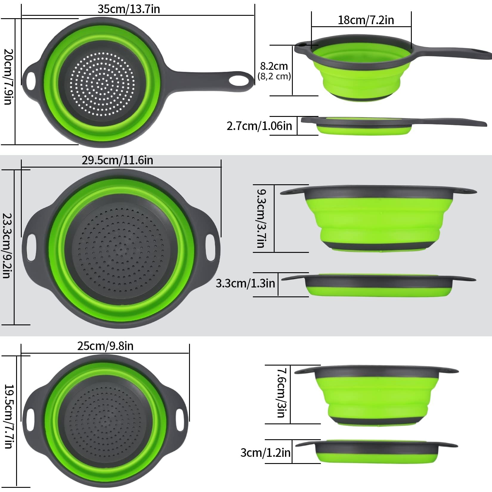 3 Piezas Coladores de Silicona Plegable, Cesta de Drenaje, Coladores de Alimentos, Coladores de Cocina Plegable con Asa para Escurrir Frutas y Verduras Pasta - Verde