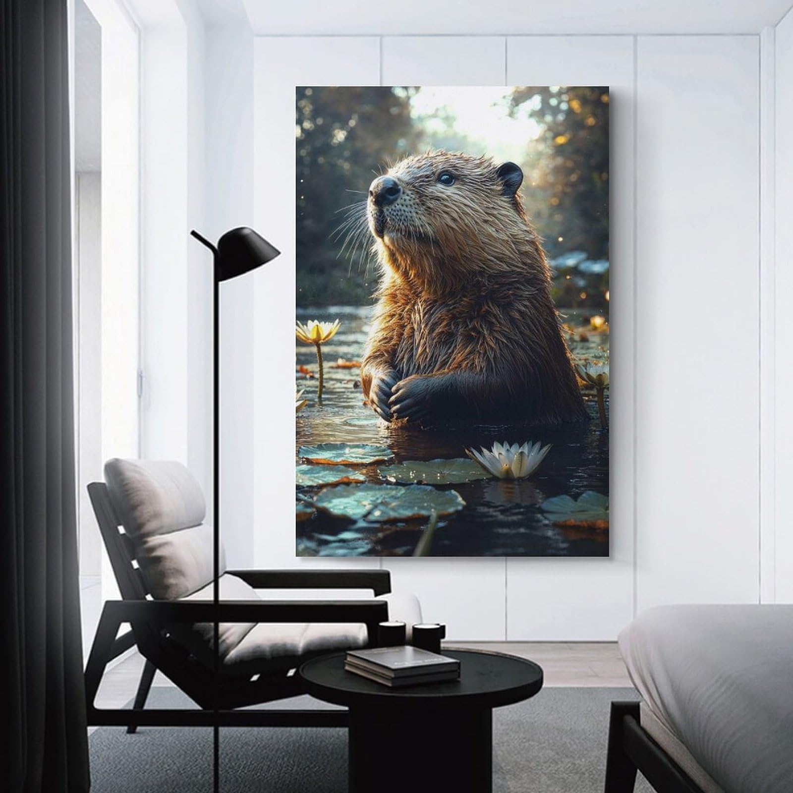 Junmoney Beaver in Water Lily Pond Home Decor Wall Art 24x36inch(60x90cm), for Home, Office, Studio Or Guest Room, Canvas Wall Art That Fits Changing Layouts