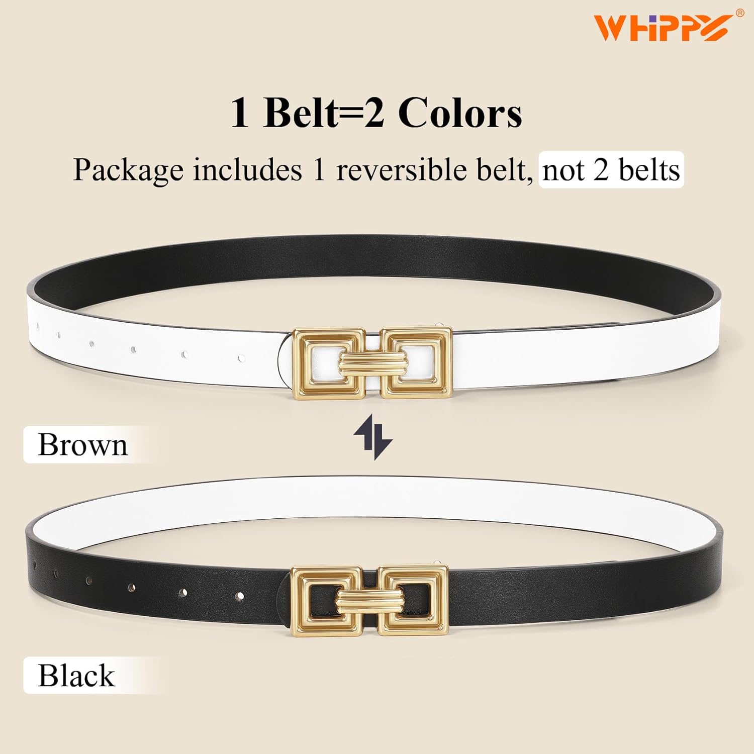 WHIPPY Reversible Leather Belt for Women Fashion Ladies Faux Leather Belt for Jeans Pants Dress with Gold Buckle 1 Pack - Image 2