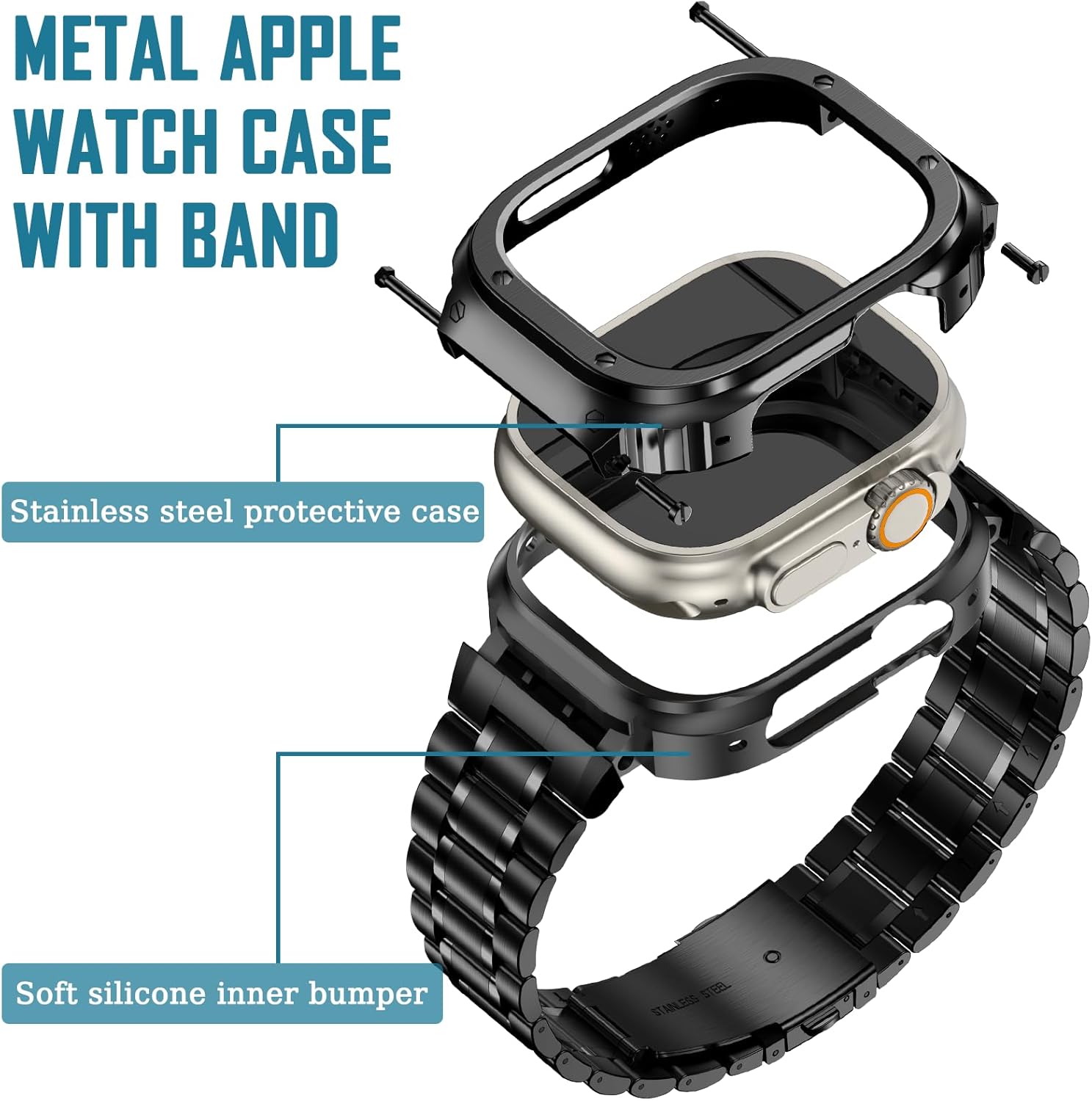MioHHR Stainless Steel Watch Band with Case Compatible with Apple Watch Ultra3/2/1 Series 11 10 9 8 7 6 5 4 3 2 1 SE3/2/1, Metal Strap with Protective Cover for iWatch 49/46/45/44/42/41/40/38mm Men - Image 3