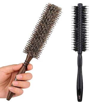 Styling Hairbrush Set 1.8 and 1.5 Inch Round Boar & Nylon Bristle Brushes for Blow Drying, Curling Short, Thin, Fine Hair, with Natural Wooden Handles