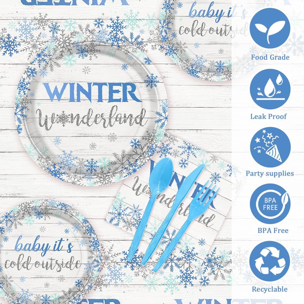 194pcs Winter Wonderland Baby Shower Decorations Winter Wonderland plates and Napkins, Cup, Tablecloth, Tableware, Blue Disposable Christmas Snowflake Party Supplies Serve 24 Guests - Image 3