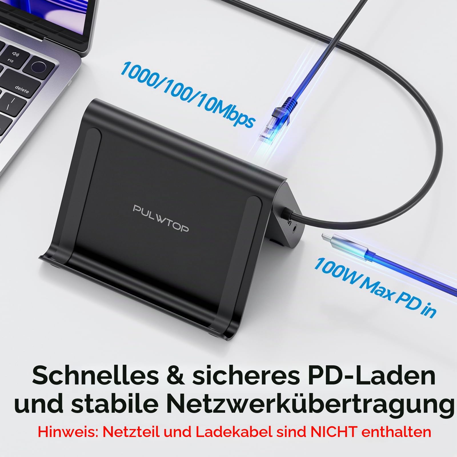 MacBook Dockingstation mit Dual Monitor 4K@60Hz für MacBook Pro/Air M4/M5 | PULWTOP MacBook Pro Stand USB-C Dock mit Ethernet, 3 USB 3.2 10 Gbit/s, SD/TF, Audio, 100 W PD für Zuhause und Büro, Schwarz