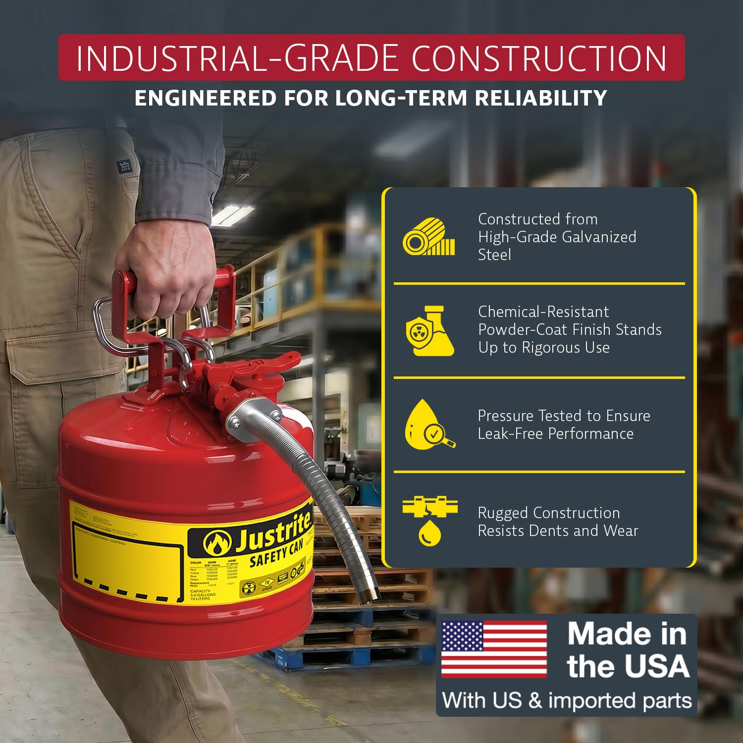 Justrite Type II Gasoline Safety Can, Red Galvanized Steel, FM Approved — Amazon image 3