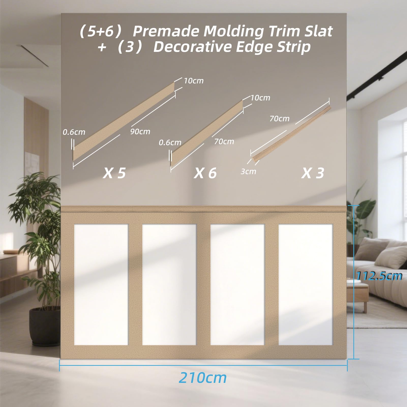 Art3d Zestaw gotowych paneli i listew ściennych (210 x 113 cm) MDF ściana akcentowa do kuchni, sypialni i salonu, możliwość pomalowania – w zestawie listwy krawędziowe i listwy montażowe