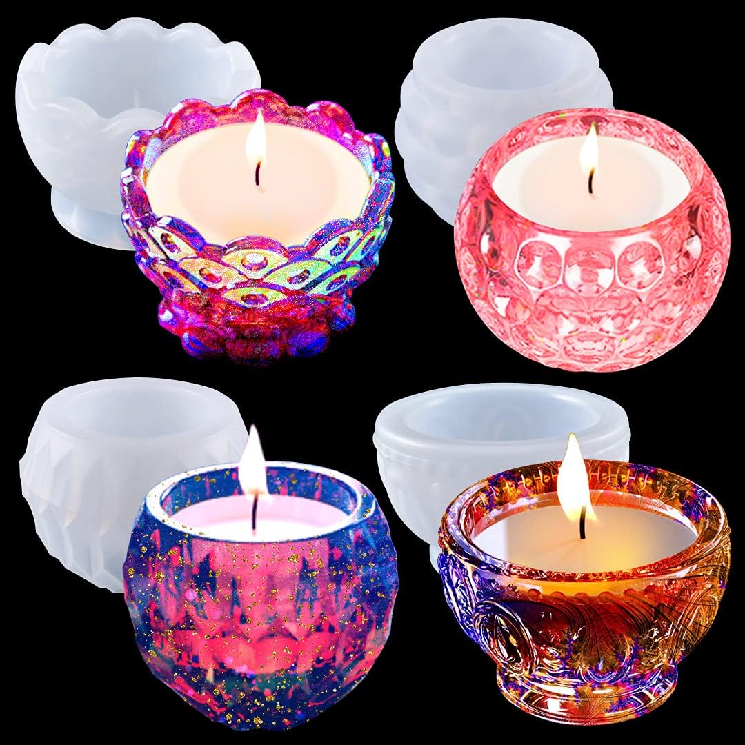 4PCS Tealight Candle Holder Resin Molds Succulent Planter Silicone Molds for Resin Epoxy Casting Mold for DIY Candlestick Jewelry Box Flower Pot Wedding Home Table Decor