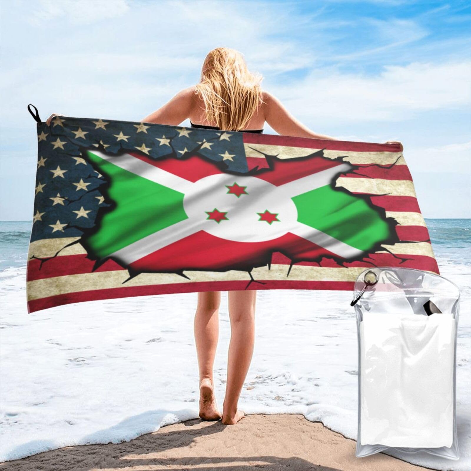HACXZ Vintage America Flag and Burundi Burundian Flag Absorbent Beach Towel Microfiber Beach Towel Lightweight 27.5"X55"
