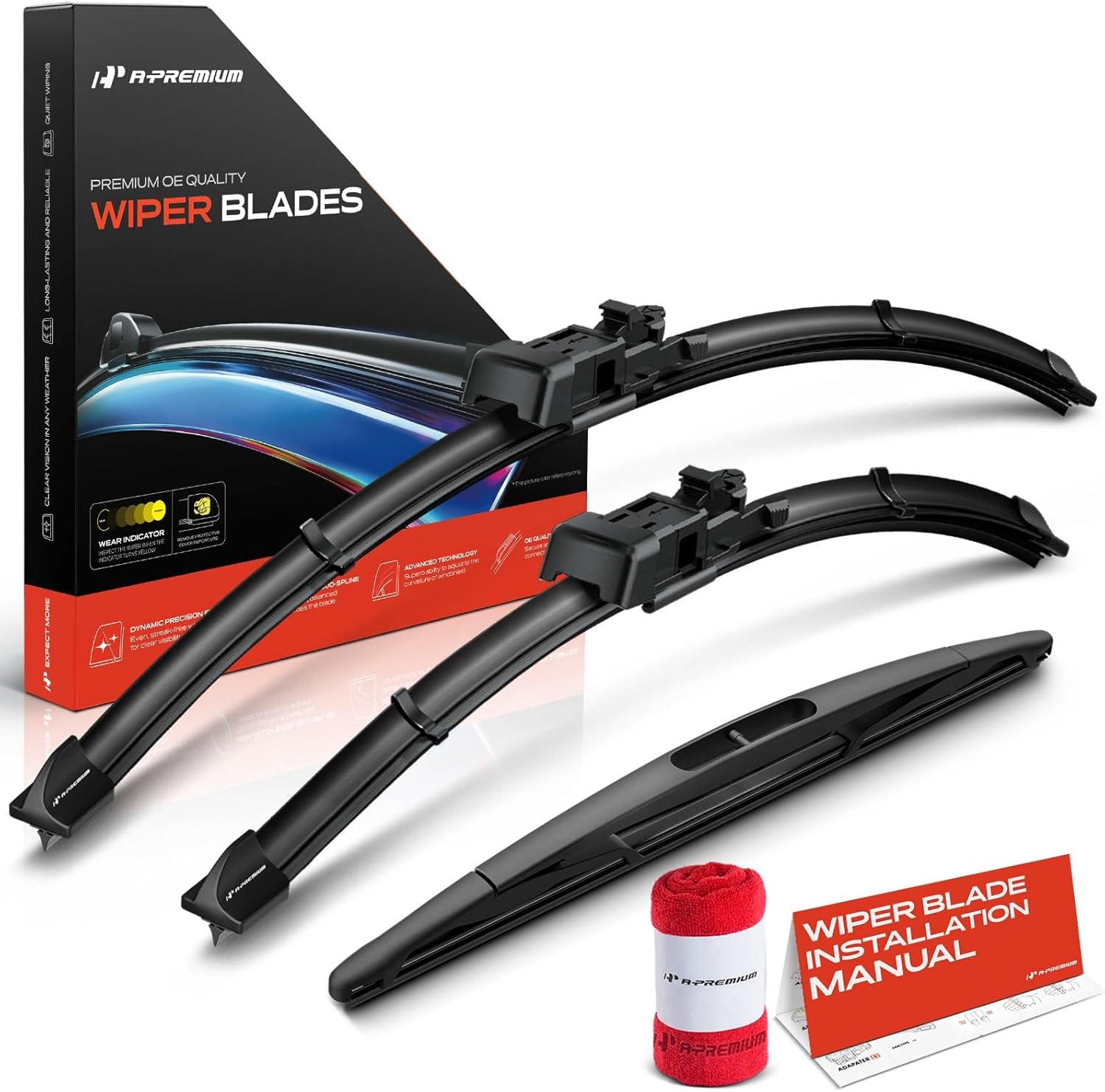 A-Premium 24"+16"+12" Windshield Wiper Blades Compatible with Chevrolet Spark 2013-2015 - Front Rear Wipers Blade Set for TLP/RL2 Arm Connector, with Wear Indicator & Towel (Pack of 3)