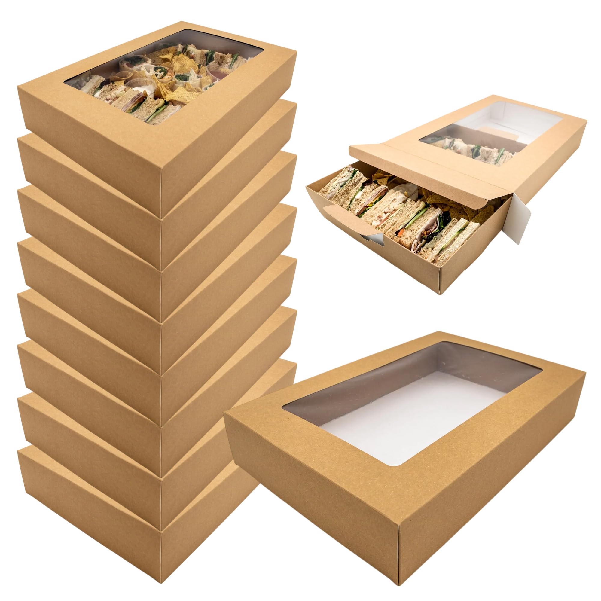 CHEF ROYALE Large Kraft Bakery Box with Window 5 Pack, Recyclable Takeout & Meal Prep Container,Ideal for Cookie, Cake & Cupcake Box for Weddings, Birthdays & Parties (445x293x75mm)