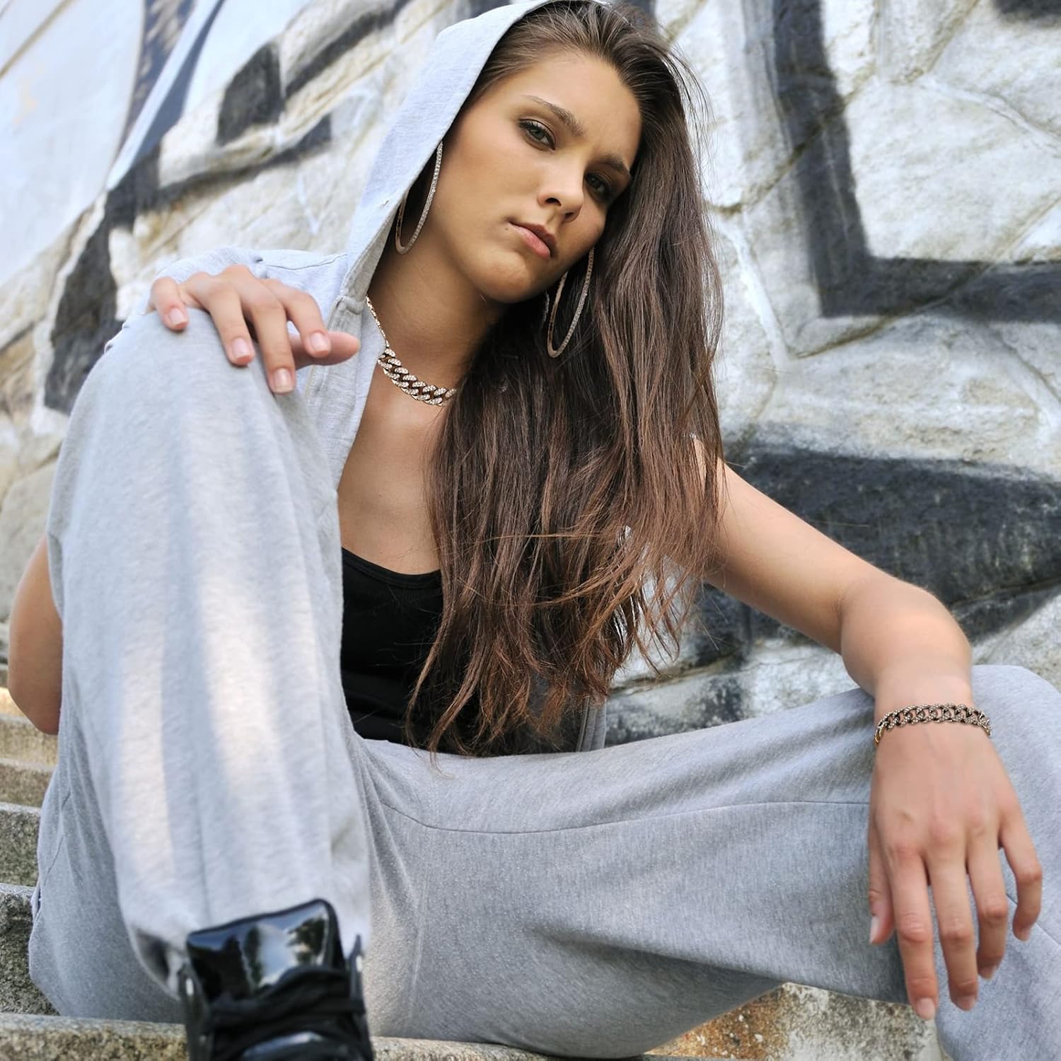 Batiyeer 3 Pcs Cuban Link Chain Necklace Bracelet Rhinestone Hoop Earrings Bling Crystal Hip Hop Jewelry for Women(16 Inch,Steel Black) - Image 6