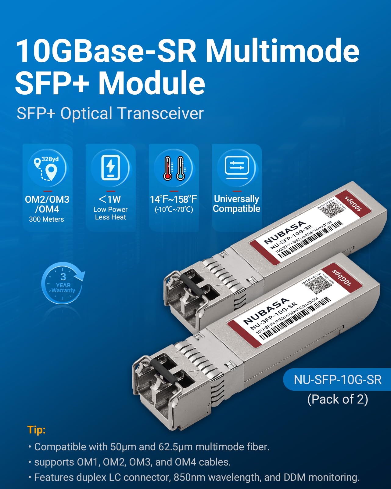 10GBase-SR SFP+ Modul, 850 nm Multimode-Faser-Transceiver, bis zu 300 m über OM3/OM4, LC Duplex, Plug and Play, kompatibel mit Cisco SFP-10G-SR, Ubiquiti UniFi und mehr, 2 Stück