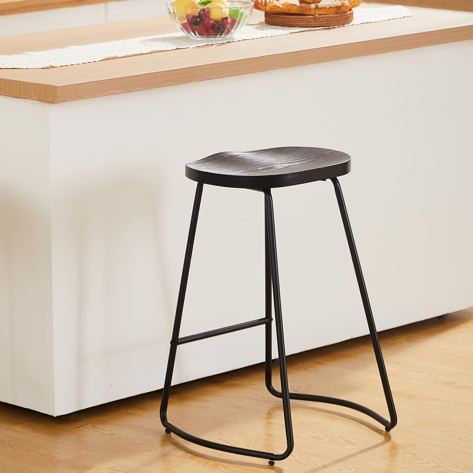 HeuGah Bar Stools, 26" Counter Height Bar Stools with Metal Leg,Rustic Backless Bar Stools for Kitchen Island,Bar Chairs with Wood Saddle Seat (Black, 1 PCS 26Inch Counter Chair)