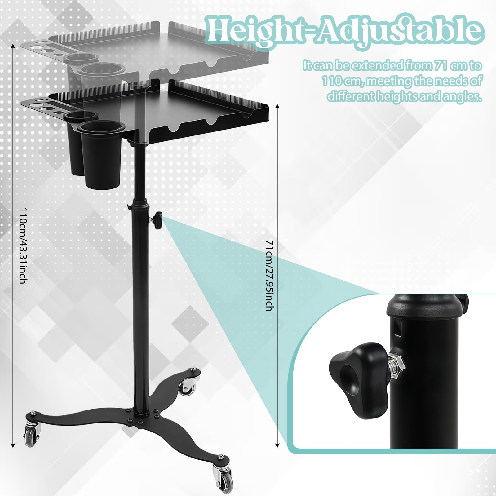 Bandeja de salón con ruedas con soporte, bandeja de servicio de salón ajustable en altura, de acero inoxidable, carrito de salón de peluquería, carrito de peluquería, estación de trabajo de tatuajes