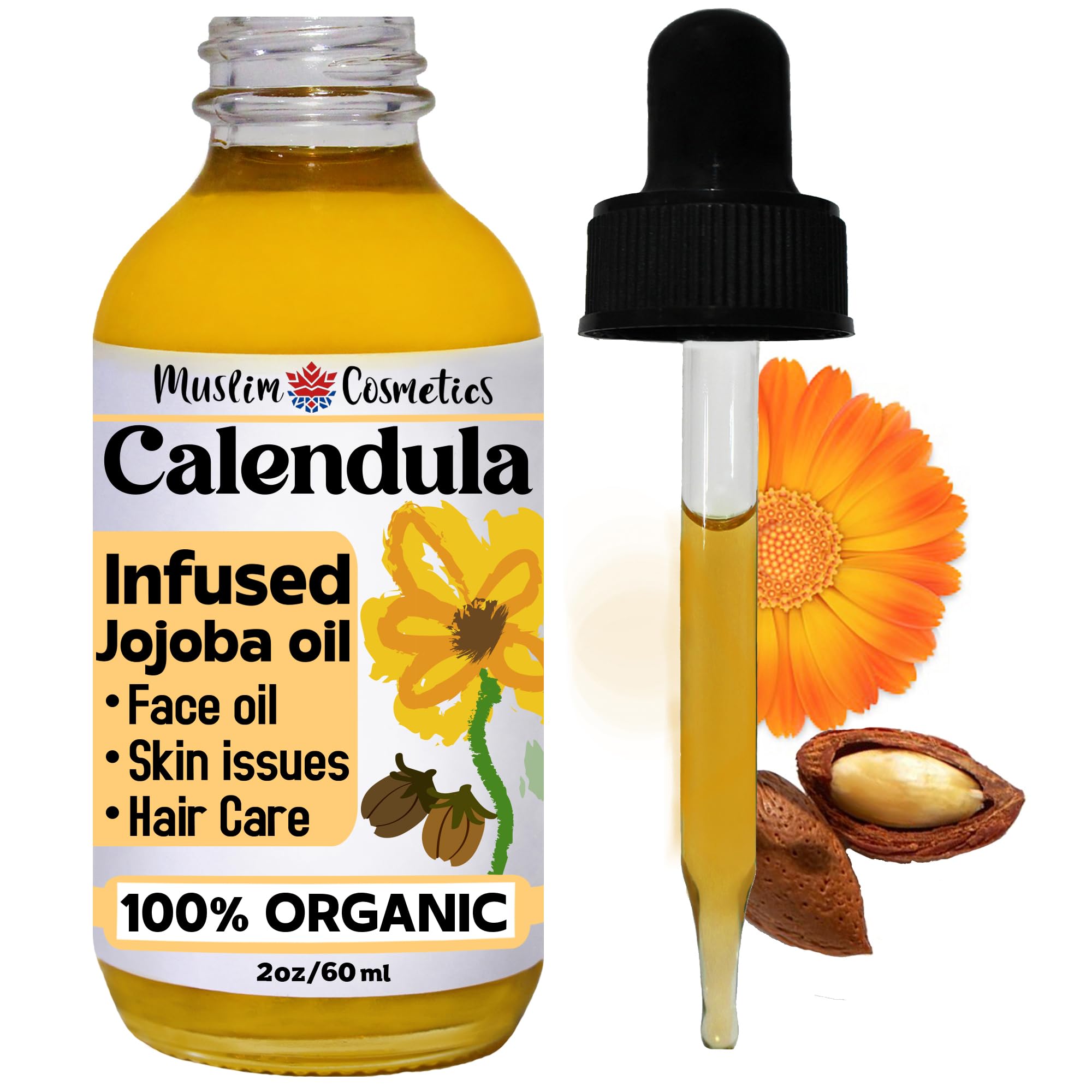 Aceite de caléndula orgánico infundido con aceite de jojoba para piel y cabello, ligero, infundido en frío, 100% orgánico, fabricado en Canadá, caléndula y jojoba (60 ml)