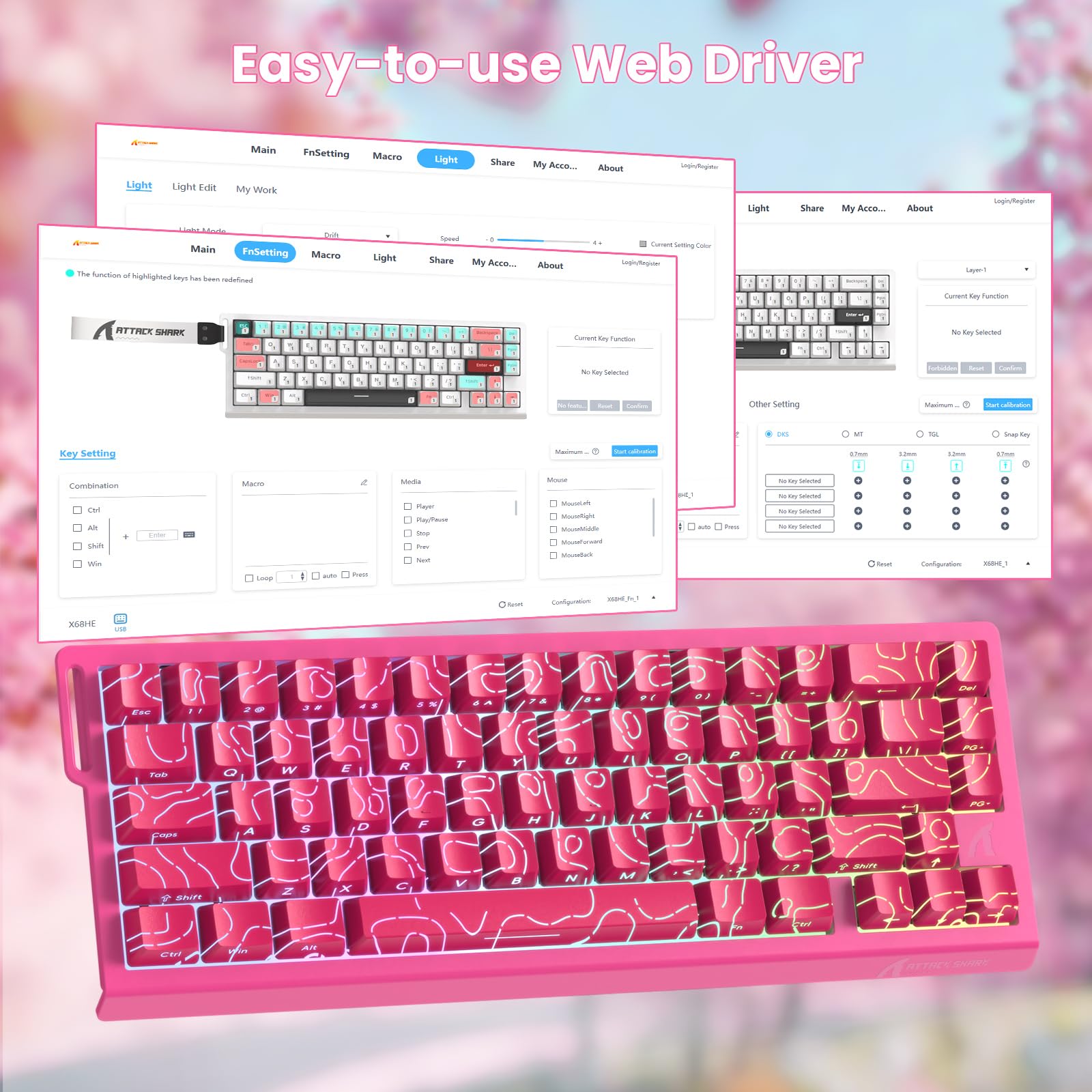 MAMBASNAKE x Attack Shark X68HE Rapid Trigger-Magnetschalter-Tastatur, 0,01 mm einstellbare Betätigung, kabelgebundene 60%-Gaming-Tastatur mit Spiralkabel, SOCD, 8000 Hz, RGB, PBT-Tastenkappen(Pink)