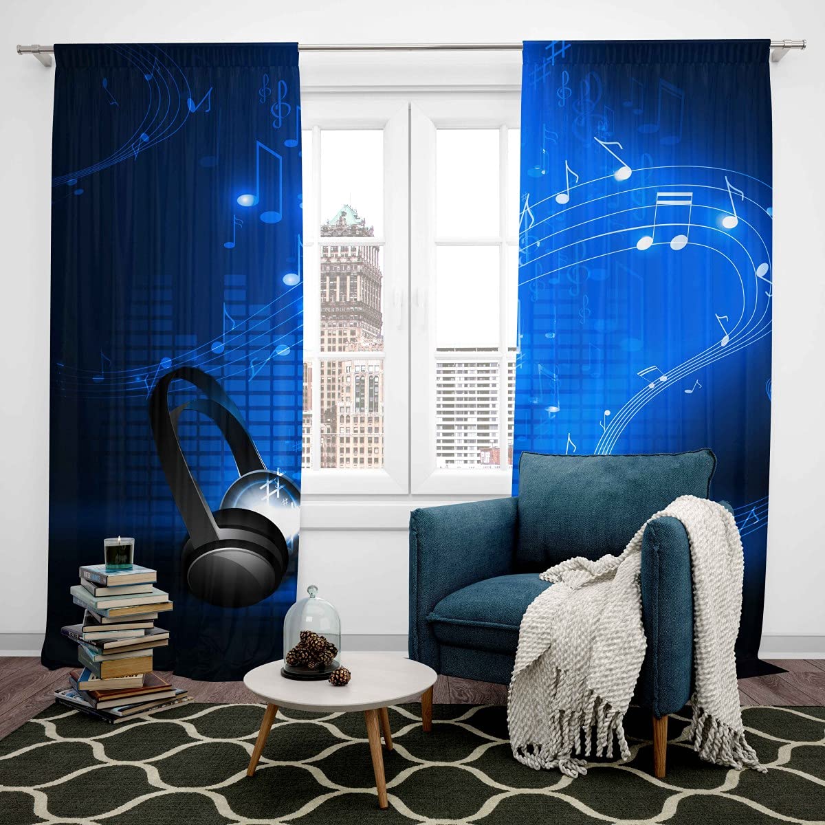 Loussiesd Kids Boys Curtains Girls Musical Notes Window Curtain,Black Blue Headphones Curtain for Teens Toddler Adults Cute Music Room Decor Windows Drapes Headset Window Treatments Curtains W46*L72 - Image 2