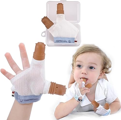 Elfzone Tope de succión de pulgar para niños de 2 a 3 años de edad, protector de dedos de silicona para chupar el pulgar con malla transpirable, kit