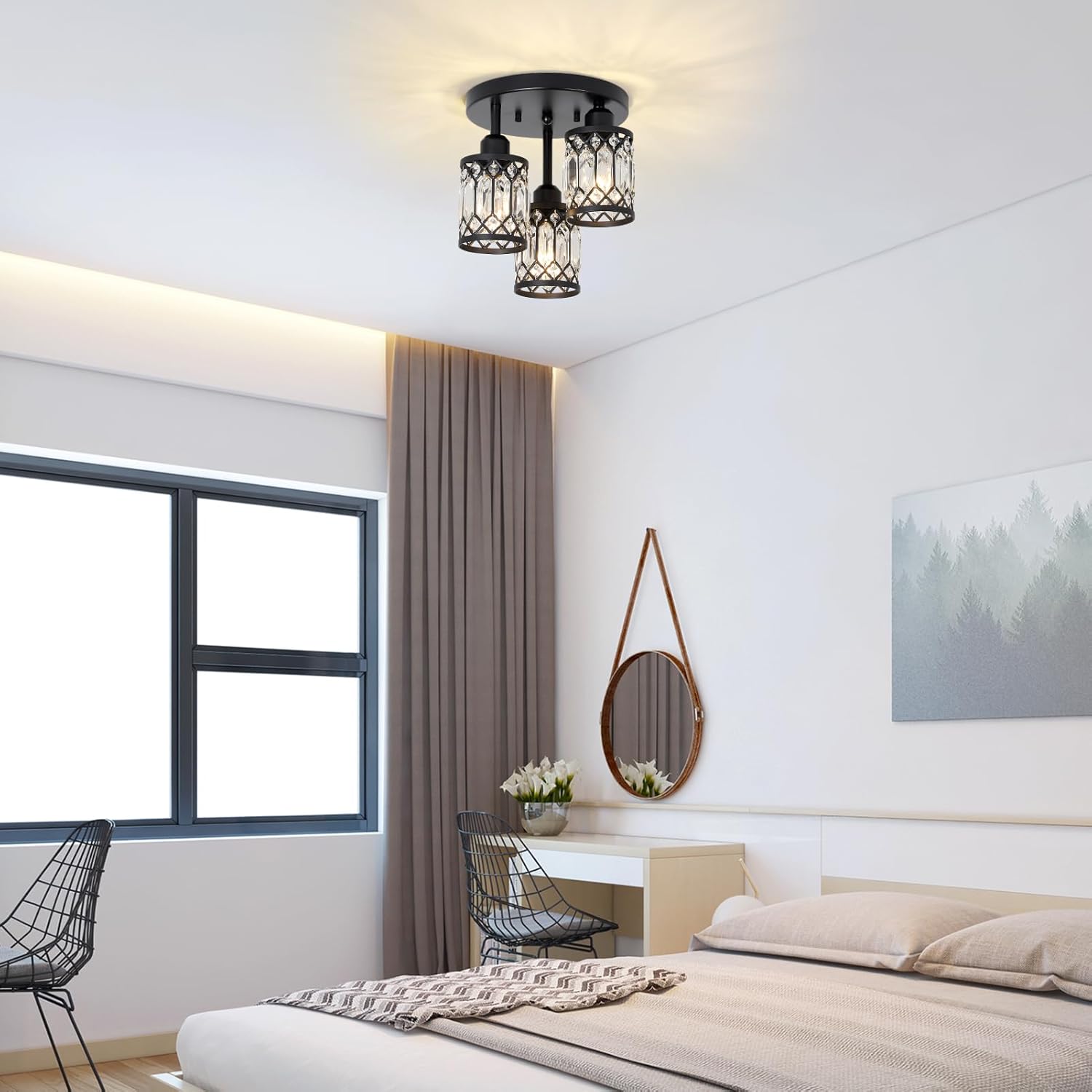 PAUFUL Semi Flush Mount Ceiling Light,3-Light Modern Crystal Close to Ceiling Light Fixtures, Black Kitchen Light Fixtures with Clear Crystal Shade,Hallway Light Fixtures for Hallway Bedroom Bathroom