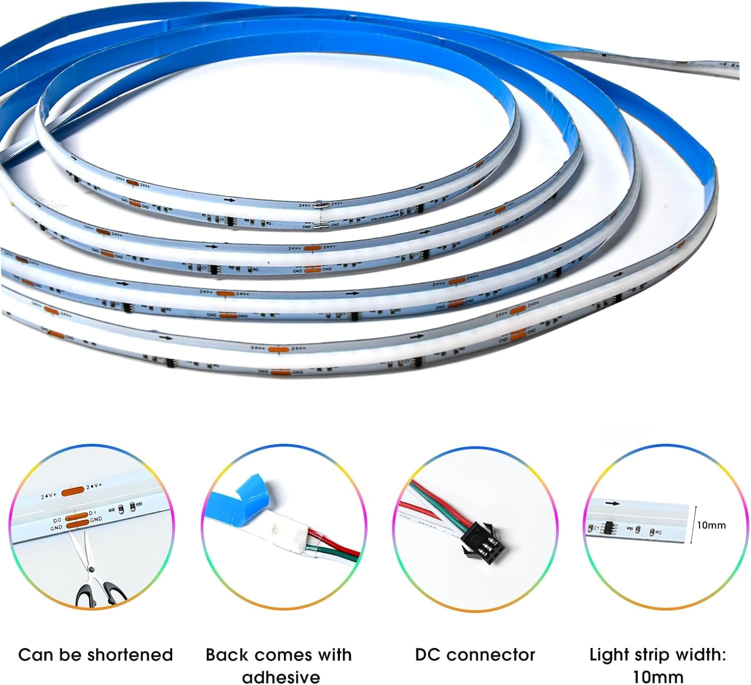 Smart RGBIC COB LED Strip 10M,Colour Changing LED Tape Lights,DC24V,10mm Width,Multicoloured Flexible Lights with APP Control,Work for Alexa for Home DIY Lighting - Image 4