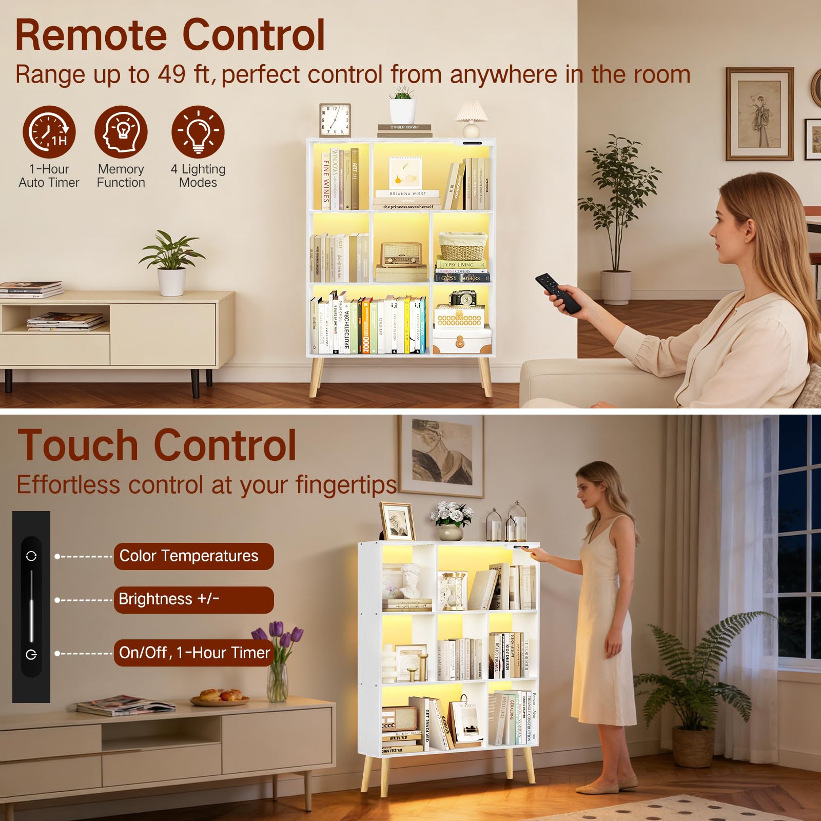 Estantería de 7 Cubos con Luces LED, Control Táctil y Remoto, Librería Moderna Independiente Regulable, Organizador de Madera para Salón, Dormitorio u Oficina
