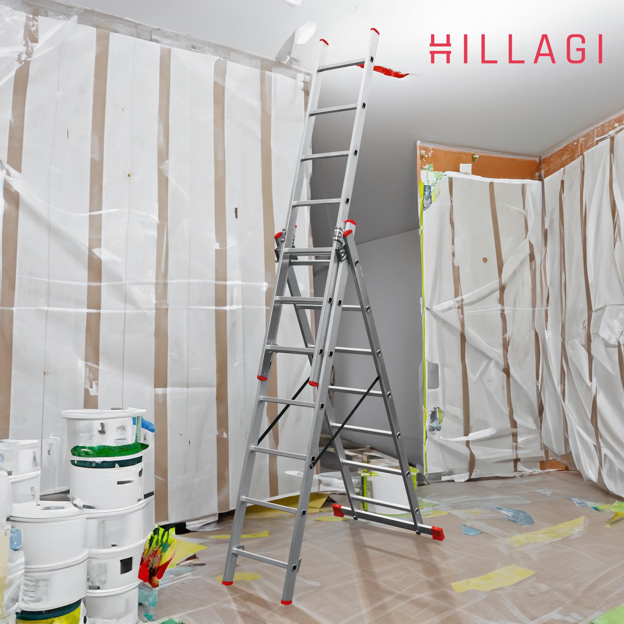 3x7 Mehrzweckleiter, Vielzweckleiter, 3x7 Sprossen, 3-teilige Alu-Kombileiter, bis 150 kg belastbar, max. Arbeitshöhe 4,3 m, Klappleiter, Multifunktionsleiter, Stehleiter, Silber/Rot