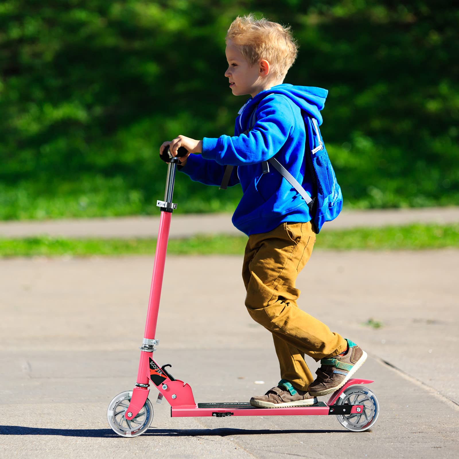 COSTWAY Patinete Niño 4-13 Años Scooter Plegable con Ruedas LED Altura Ajustable hasta 70kg Rosa
