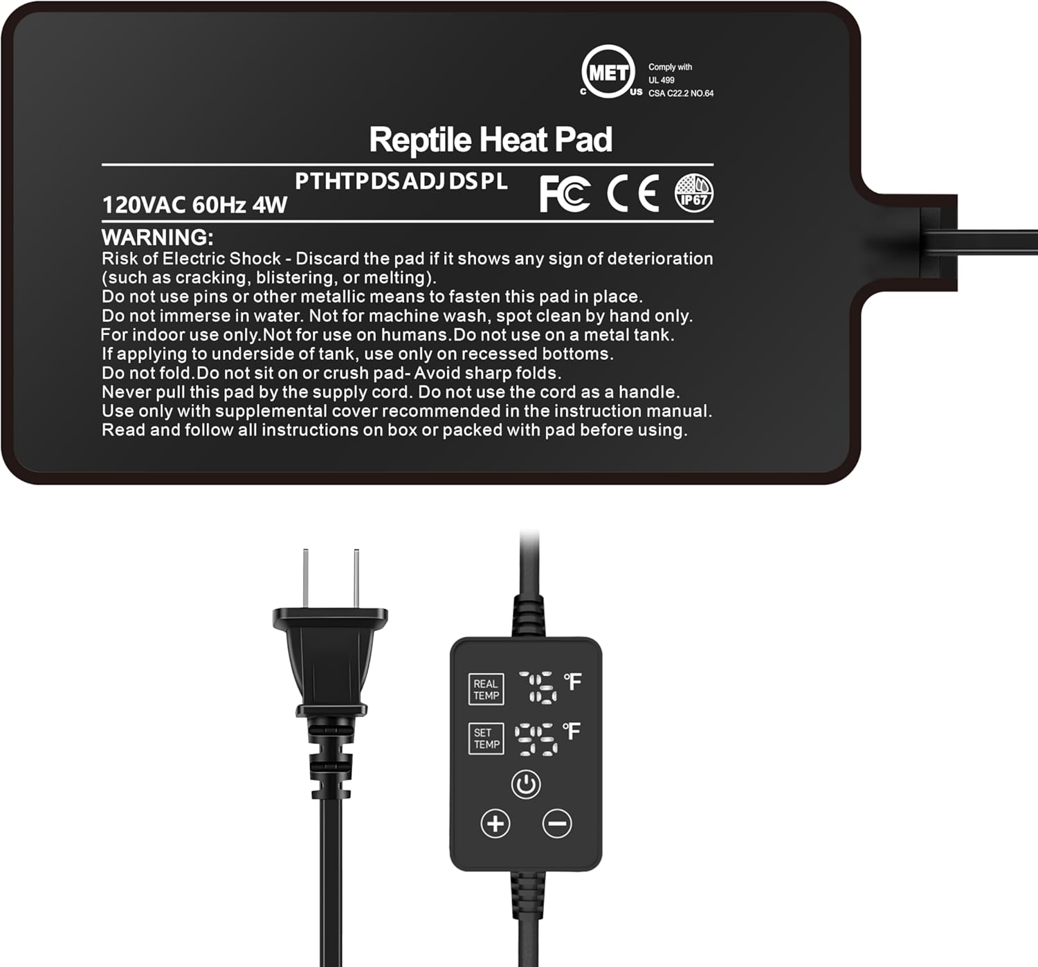 Simple Deluxe 4X7 Inch 4W Reptile Heating Pad with Adjustable Thermostat Under Tank Terrarium Heating Mat for Turtles, Lizards, Frogs, and Other Reptiles