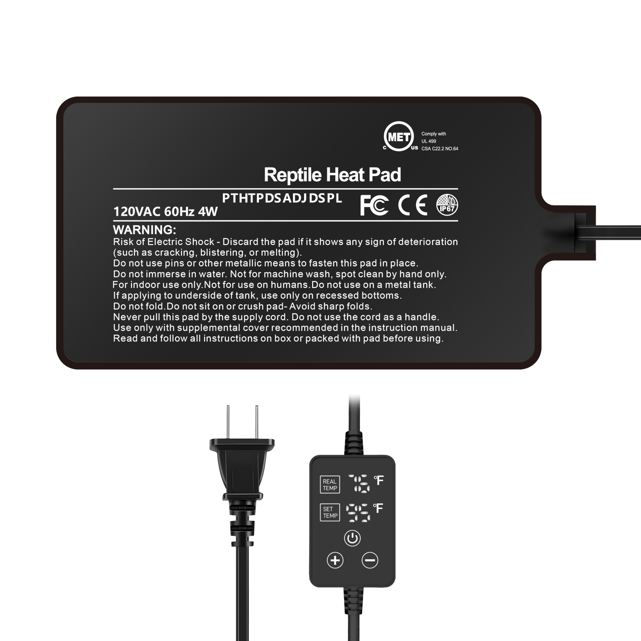 Simple Deluxe 4X7 Inch 4W Reptile Heating Pad with Adjustable Thermostat Under Tank Terrarium Heating Mat for Turtles, Lizards, Frogs, and Other Reptiles