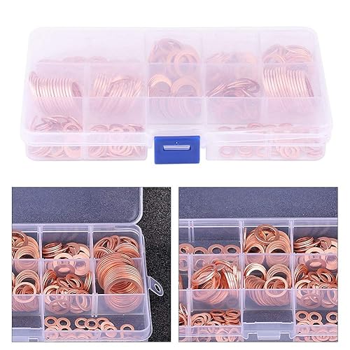 Miniatura 5 de Arandelas de cobre, 280 piezas de 12 tamaños para motocicletas automotrices surtidas de cobre macizo, arandelas de aplastamiento de cobre sólido,